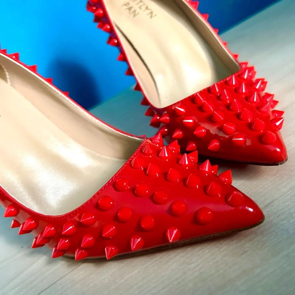 Kaitlyn Pan Spikes Red Soul High Heel Pumps, Size 6 - Picture 3 of 8